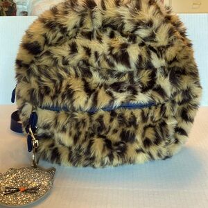 Furry leopard backpack purse with glitter count purse attached